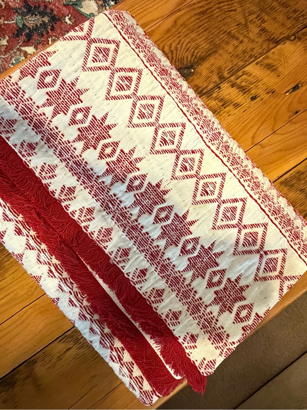 World Market Table Runner, 72” x 13”, Cream with Red Trim, Barely Used - Picture 7 of 8